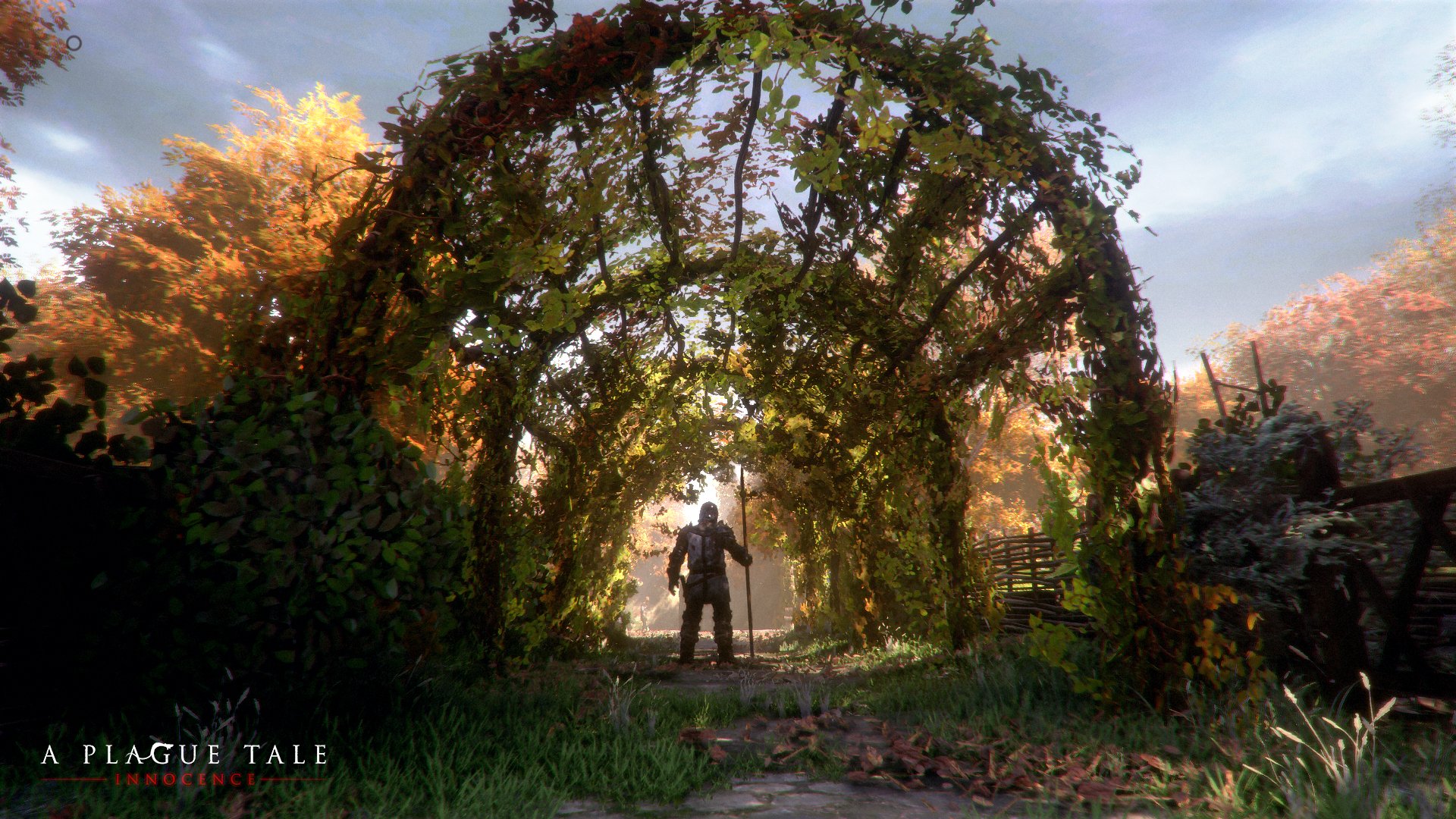 HD wallpaper from A Plague Tale: Innocence featuring a character under a vine-covered archway with sunlight filtering through.