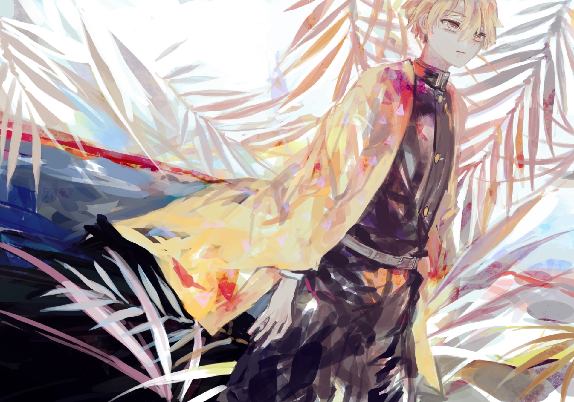 HD Anime PC desktop wallpaper featuring a character from Demon Slayer: Kimetsu no Yaiba with vibrant colors and dynamic brushstroke-style artwork.