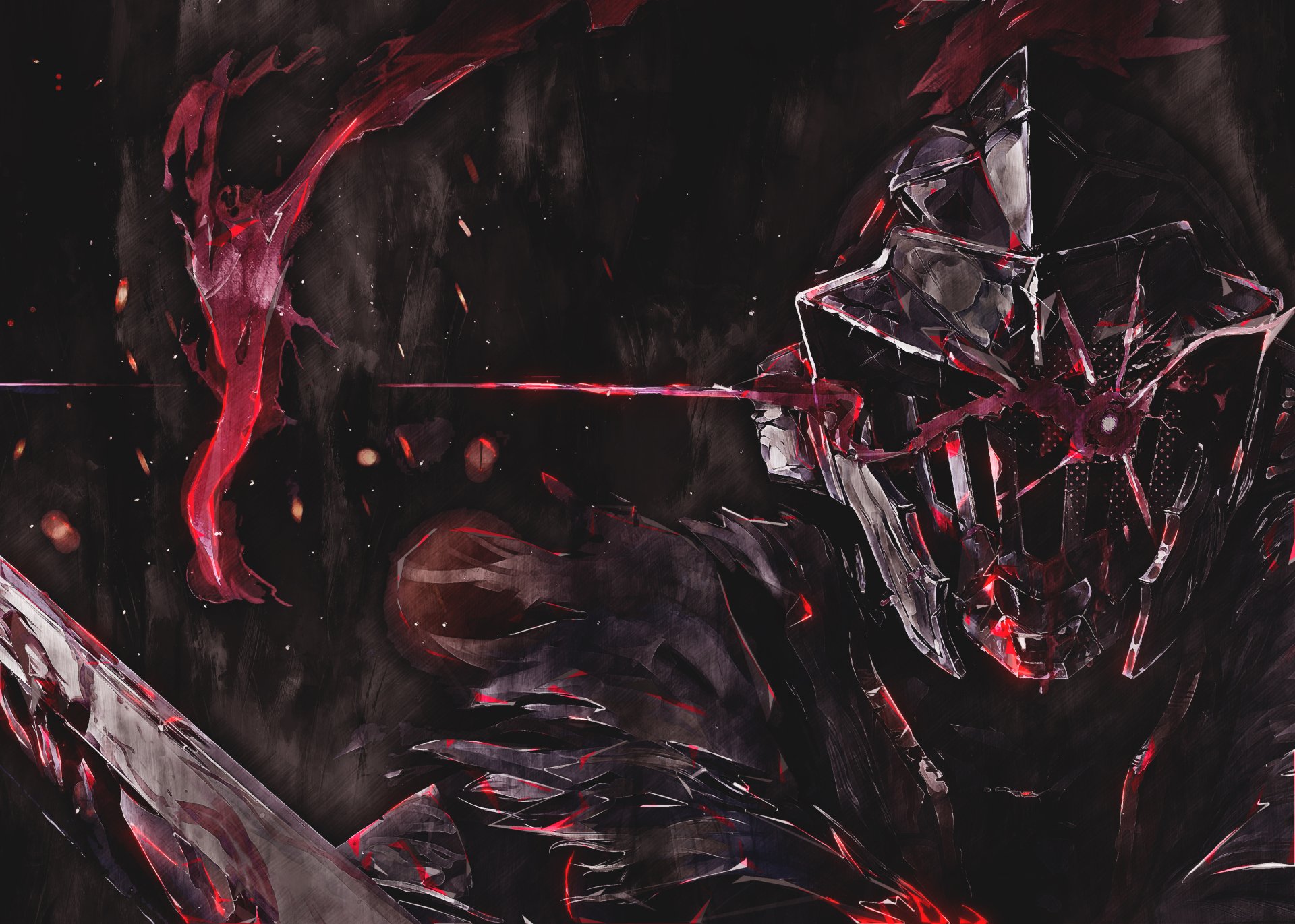 HD wallpaper and background featuring a dynamic anime artwork from Goblin Slayer, depicting a dark and intense scene with the main character in battle gear, surrounded by shadows and red accents.
