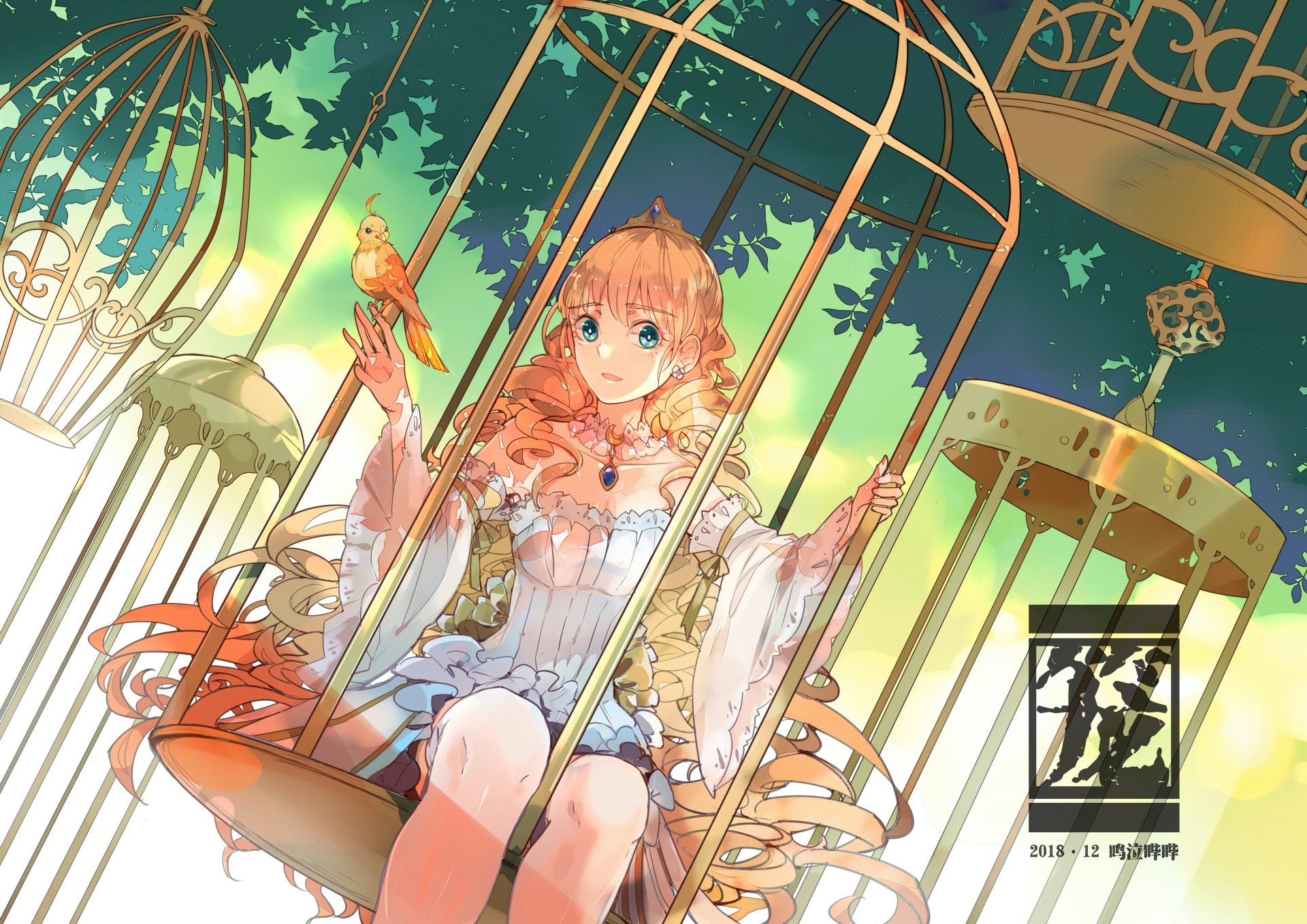 Anime-style original artwork of a girl with long flowing hair and a bird, framed by ornate golden cages, rendered in vibrant colors for a 4K Ultra HD PC desktop wallpaper.