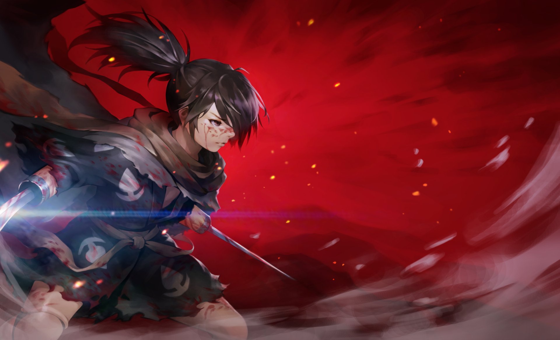 red eyes, anime, Dororo, Hyakkimaru, sword, digital art