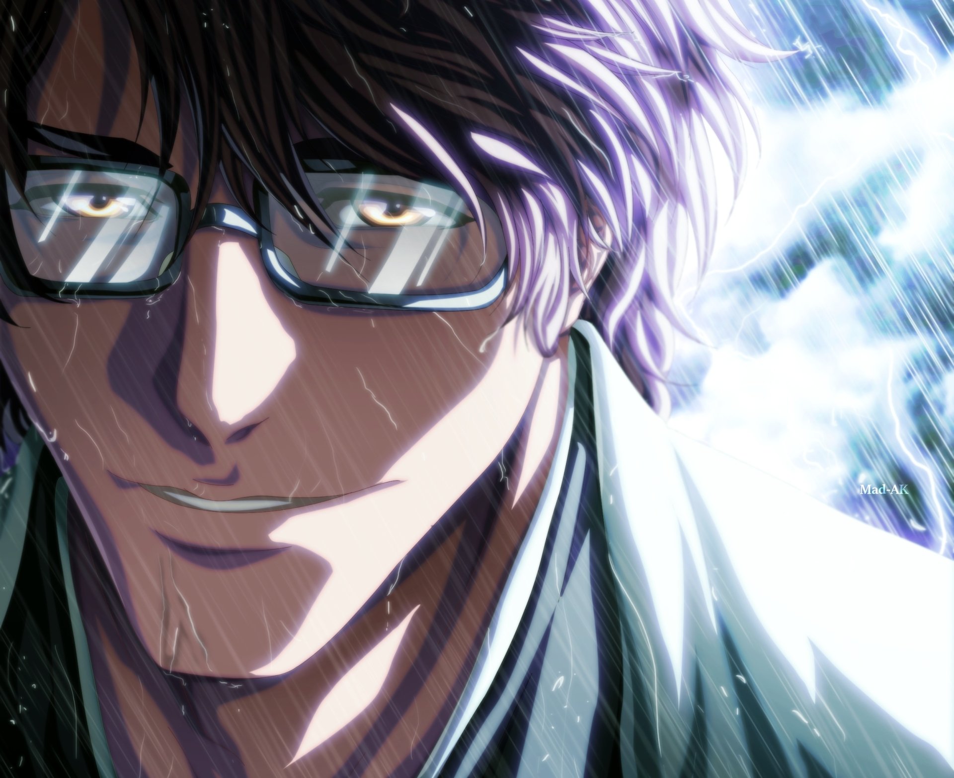 HD PC desktop wallpaper featuring Sōsuke Aizen from the anime Bleach, showcasing a close-up with intense eyes and reflective glasses.