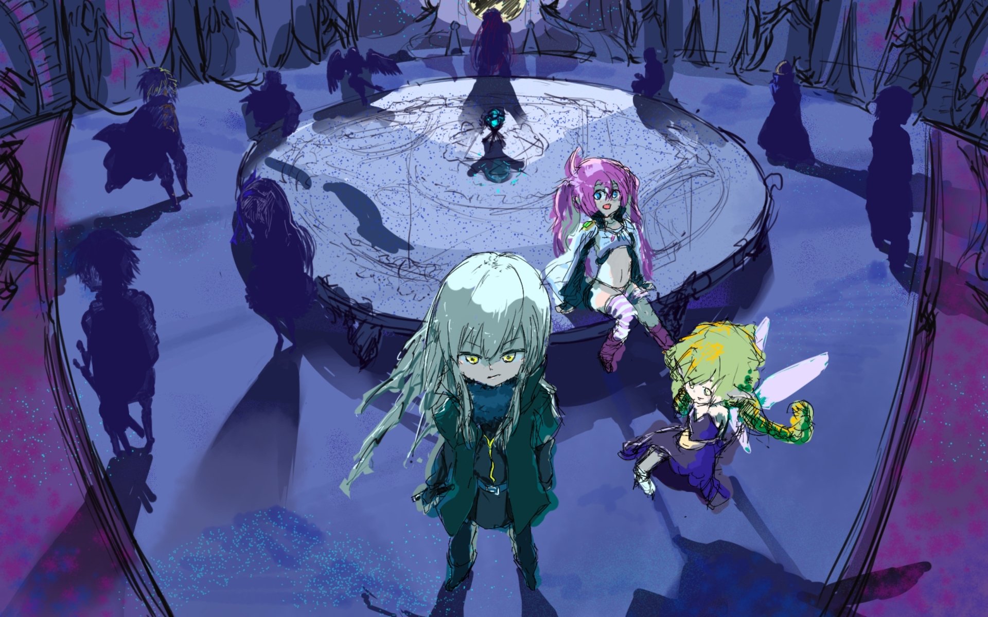 HD PC desktop wallpaper of Milim Nava, Ramiris, and Rimuru Tempest from the anime That Time I Got Reincarnated as a Slime, set in a dark, mystical forest scene.