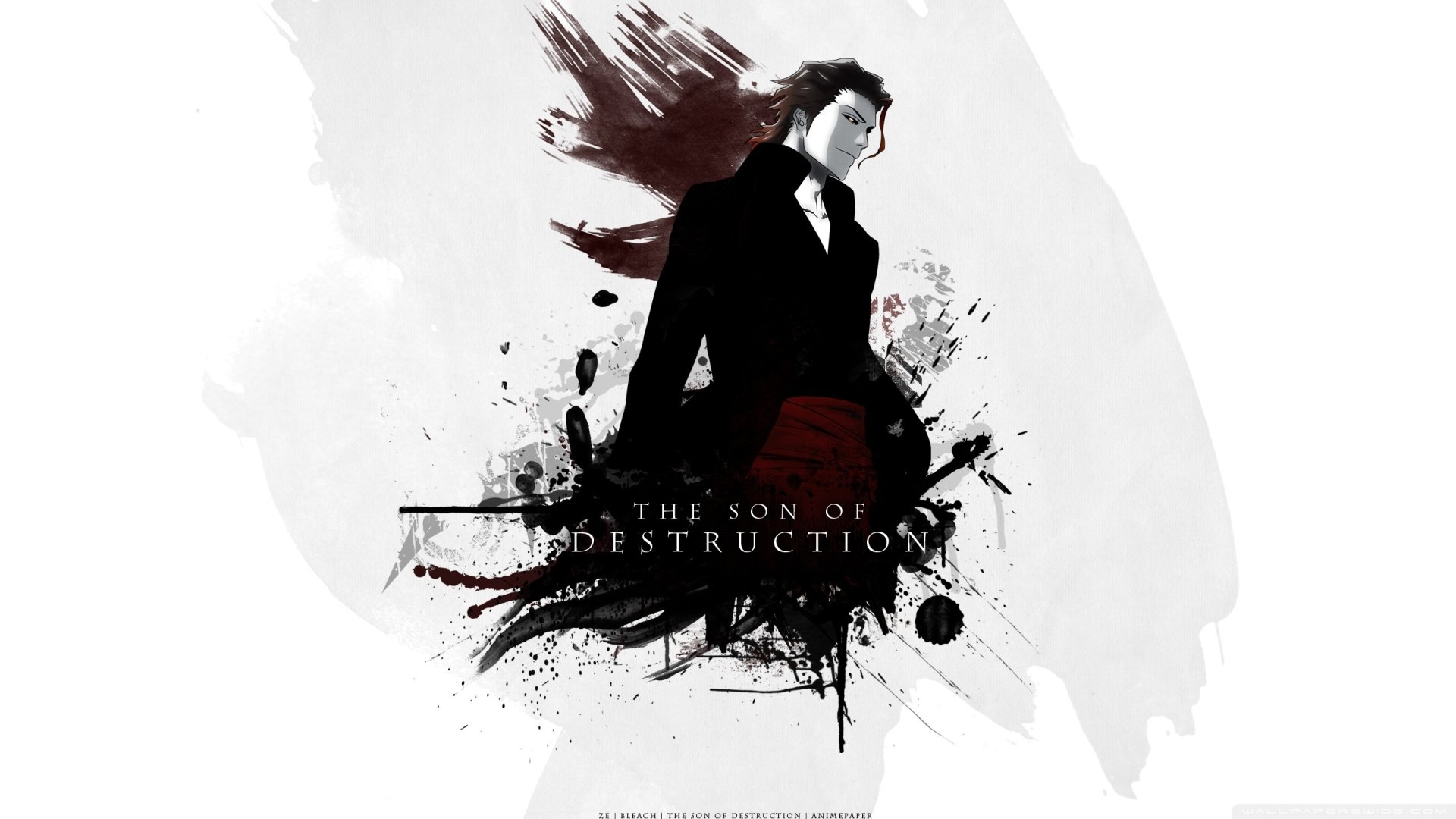 HD desktop wallpaper featuring Sōsuke Aizen from the anime Bleach, depicted in a dark, abstract style with the text The Son of Destruction.