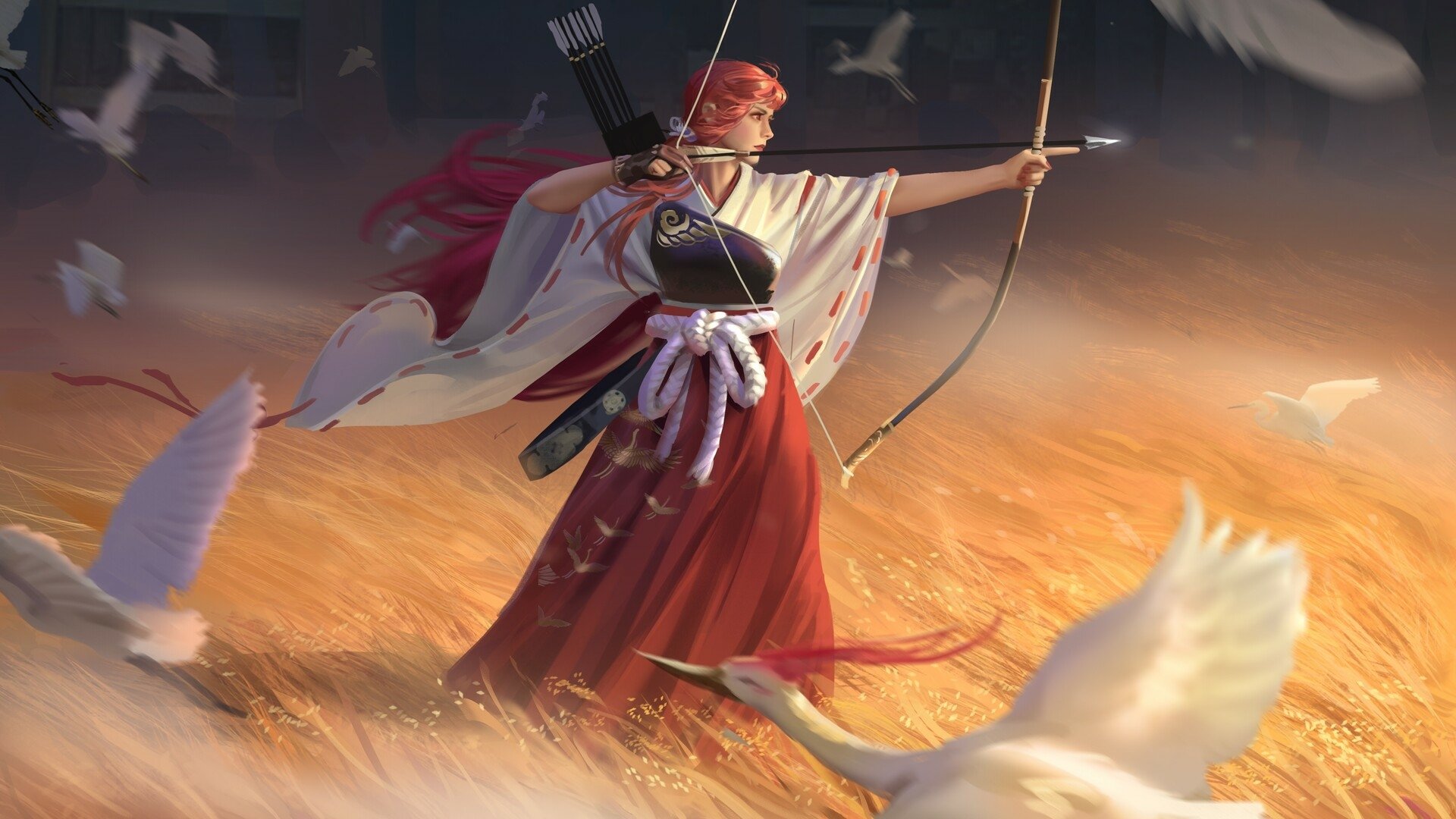 HD fantasy desktop wallpaper featuring a pink-haired woman warrior archer with long hair, drawing a bow amid flying birds in a golden, glowing field.
