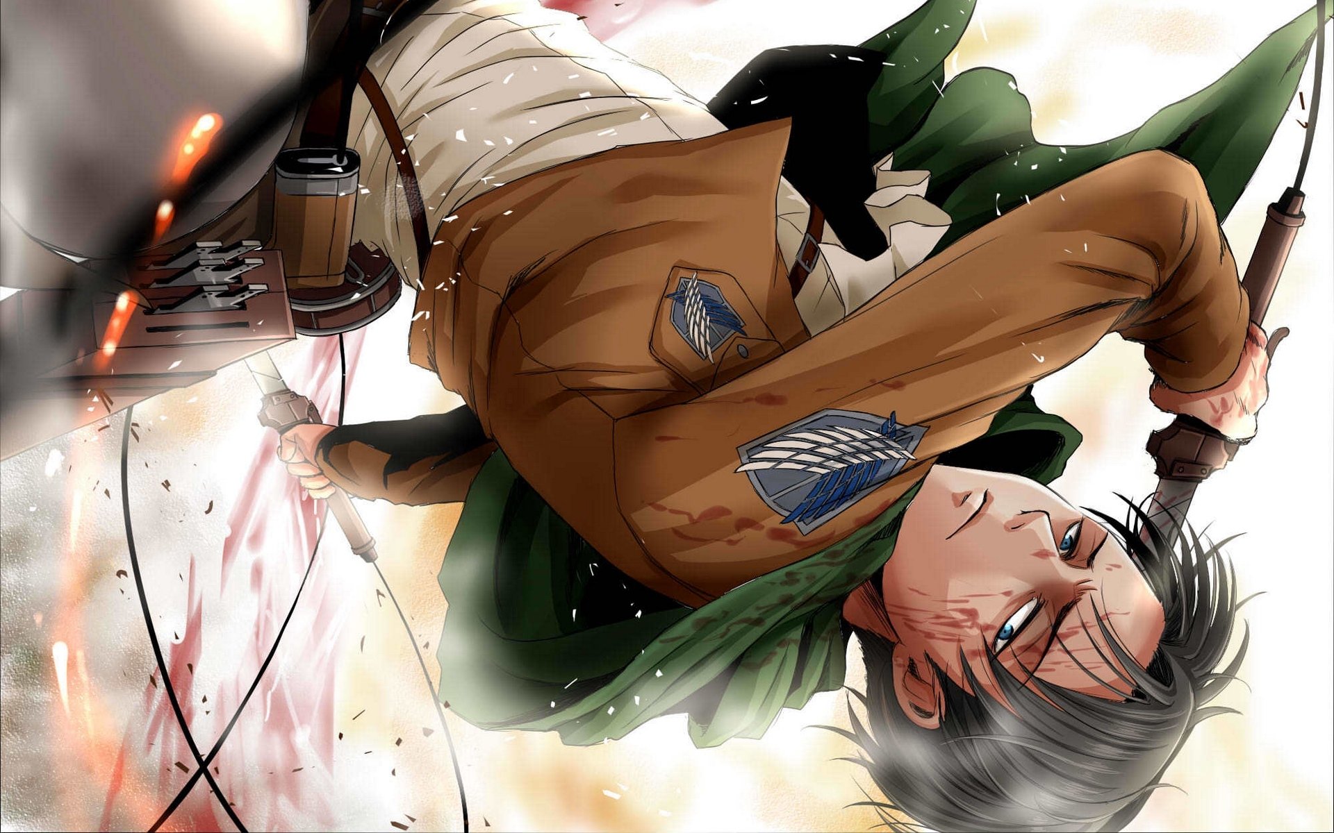 HD anime desktop wallpaper featuring Levi Ackerman from Attack on Titan in action, showcasing dynamic movement and his Survey Corps uniform.