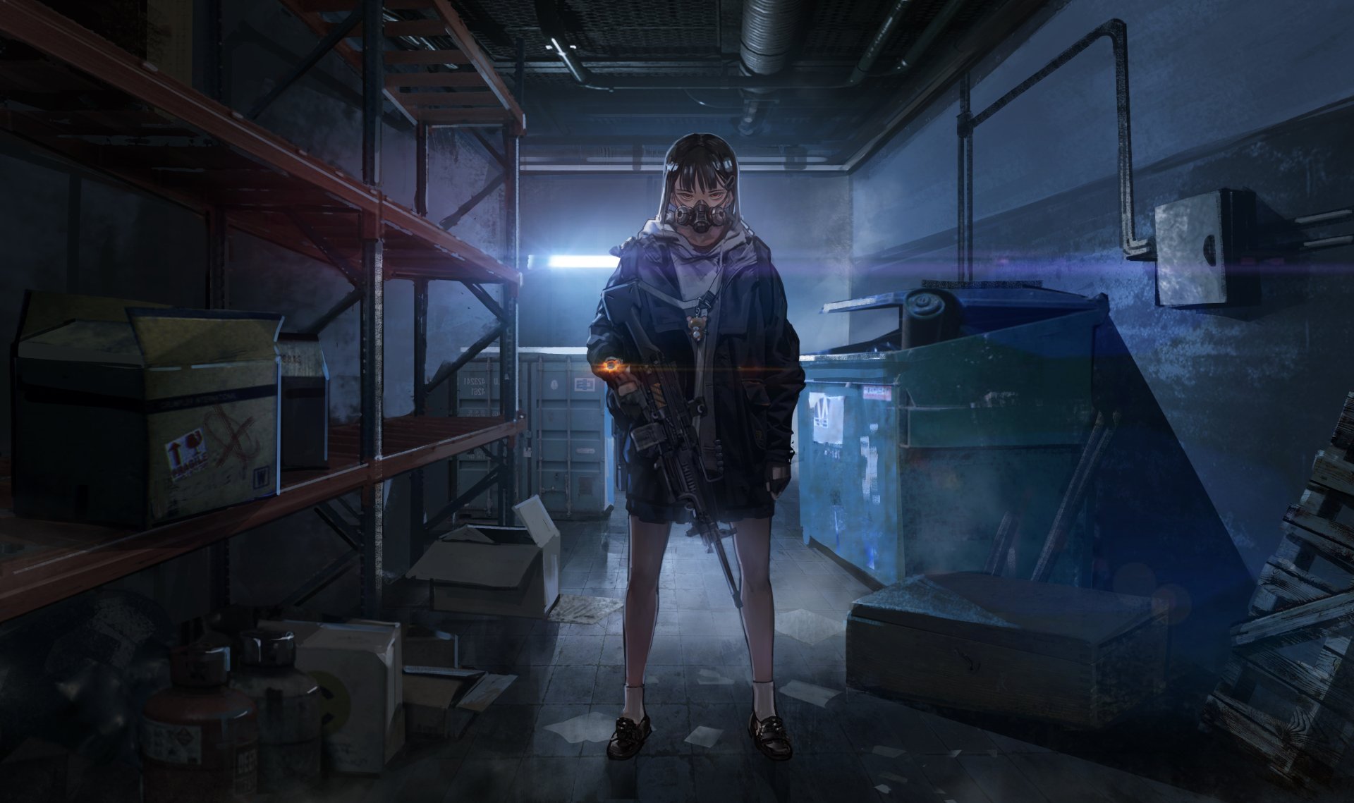An anime character with short black hair and a gas mask holds a gun, standing in a dimly lit warehouse. The HD desktop wallpaper features a gritty, industrial setting.