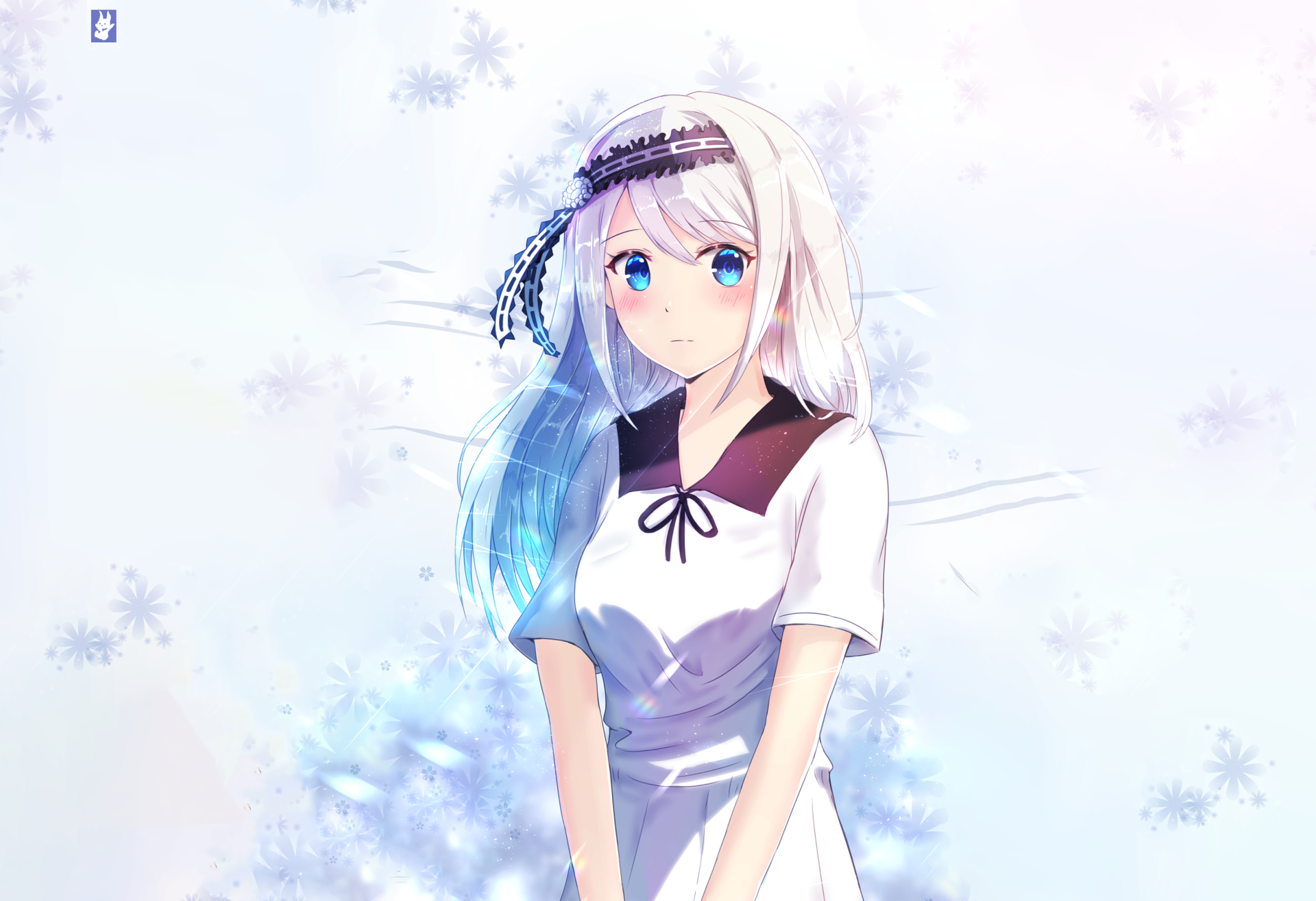 A high-definition desktop wallpaper featuring Kei Shirogane from Kaguya-sama: Love is War. The anime character has white hair, blue eyes, and a blush on her cheeks, standing against a snowflake backdrop.