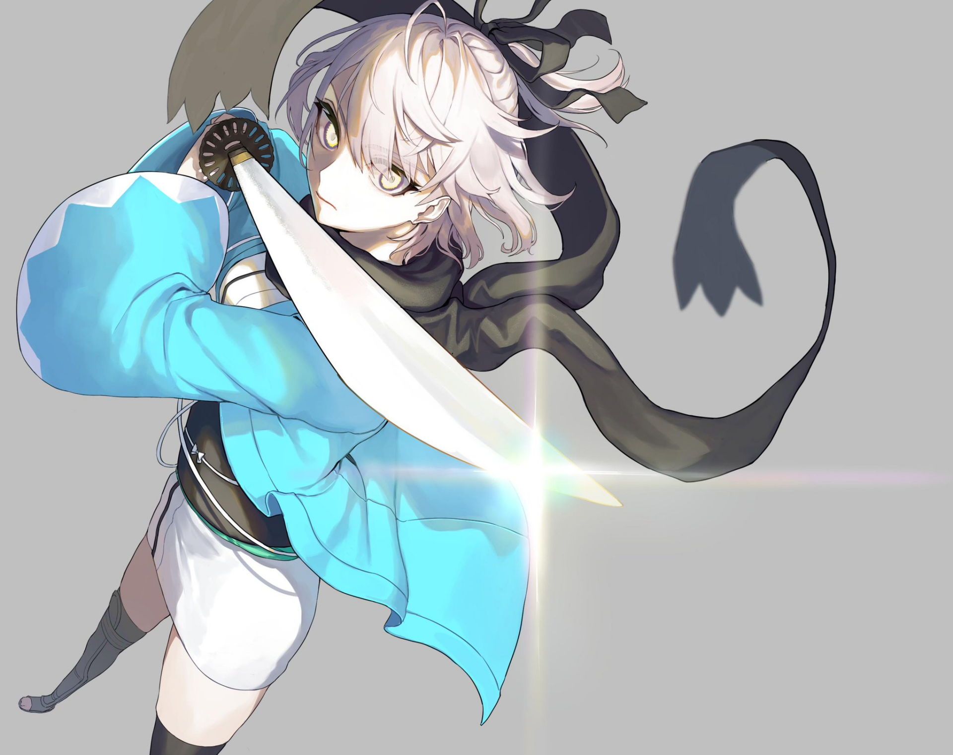 HD anime desktop wallpaper featuring Sakura Saber from Fate/Grand Order, showcasing dynamic pose and glowing sword with a sleek gray background.