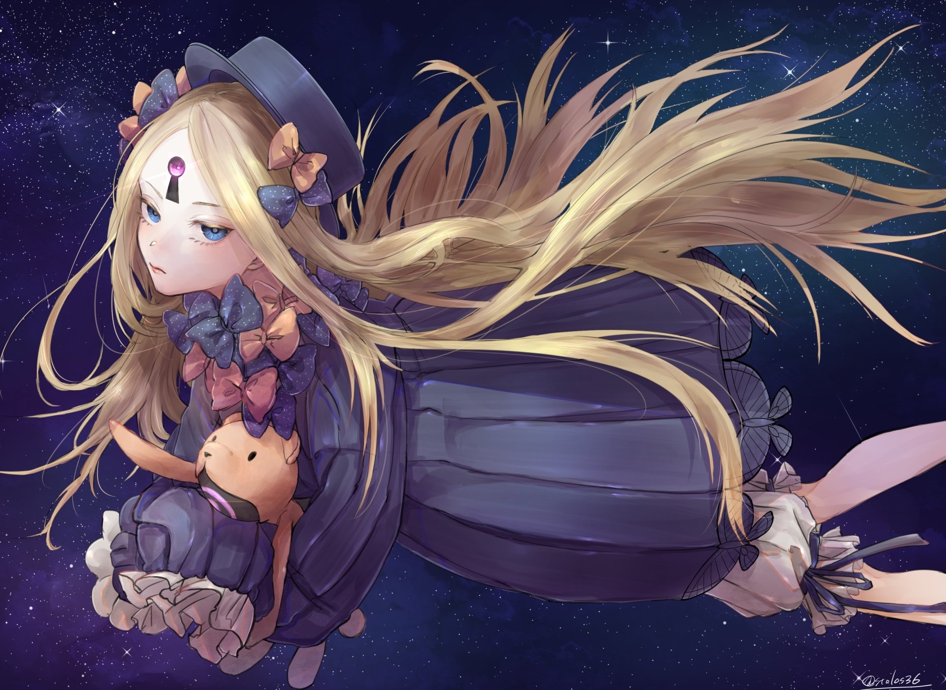 HD PC desktop wallpaper featuring Abigail Williams as Foreigner from the anime Fate/Grand Order, showcasing her flowing blonde hair and detailed dark outfit against a starry background.