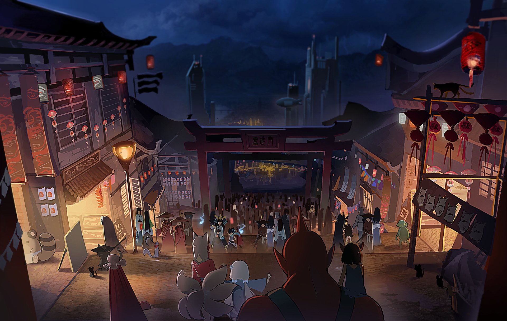 Anime-style night festival scene in a town, showcasing vibrant lanterns and crowds under a dark sky, rendered in stunning 4K Ultra HD for a PC desktop wallpaper.
