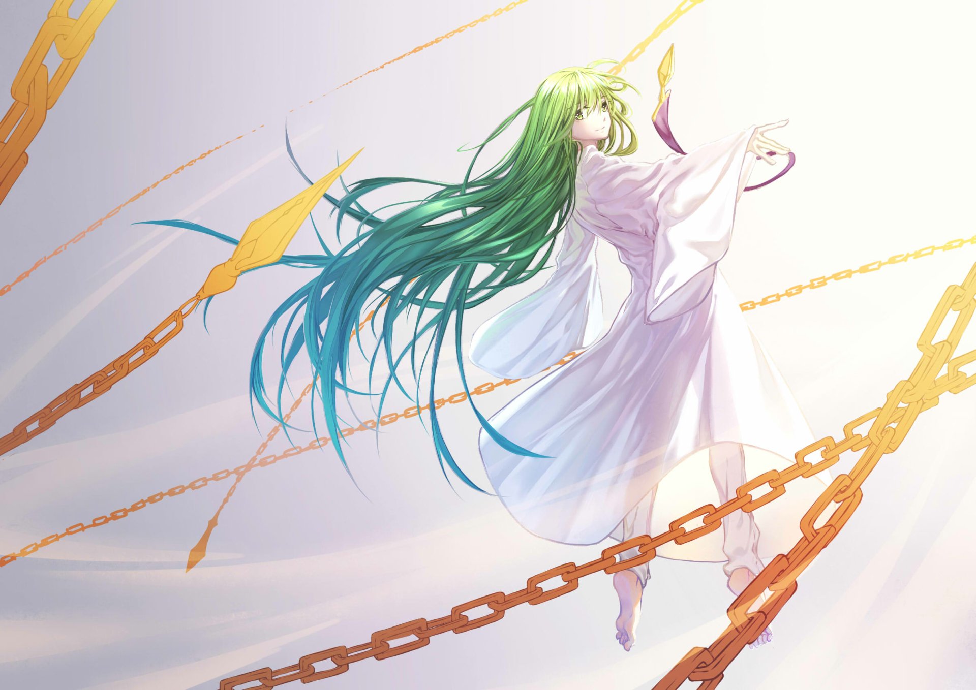 HD PC desktop wallpaper featuring Enkidu from the anime Fate/Grand Order, depicted with flowing green hair and golden chains against a light background.
