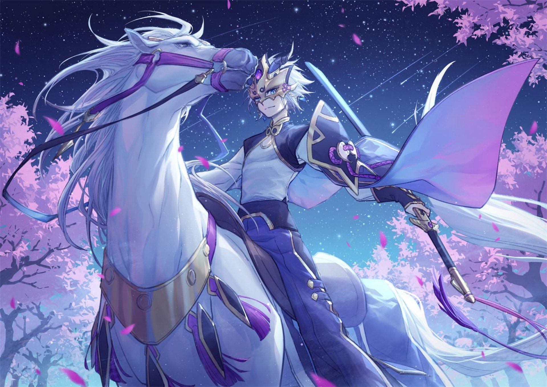 Lanling Wang from Fate/Grand Order in detailed anime style, riding a white horse under a starry sky with cherry blossoms, featured as an HD PC desktop wallpaper.