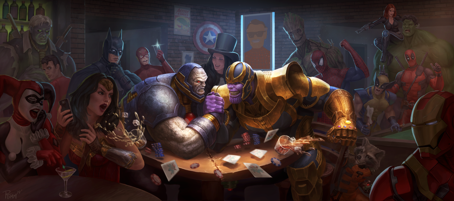 HD comic crossover wallpaper featuring various superheroes and villains in a bar, arm wrestling and socializing.