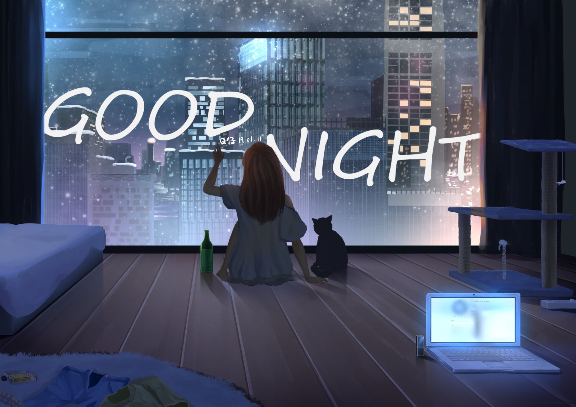 HD anime original desktop wallpaper showing a girl and her cat sitting by a large window overlooking a cityscape at night with Good Night written on the glass.