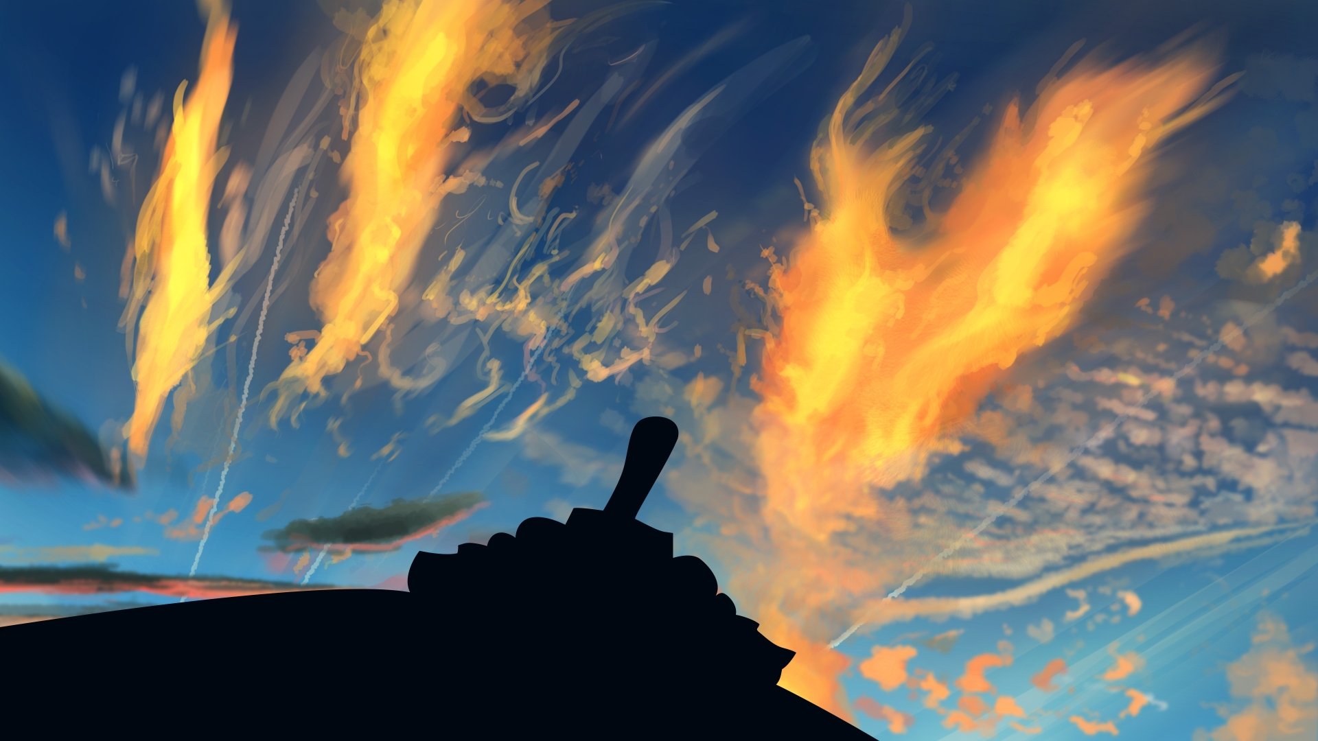 Anime-style 4K Ultra HD wallpaper depicting a cannon firing at sunrise with fiery bursts illuminating a vibrant sky.