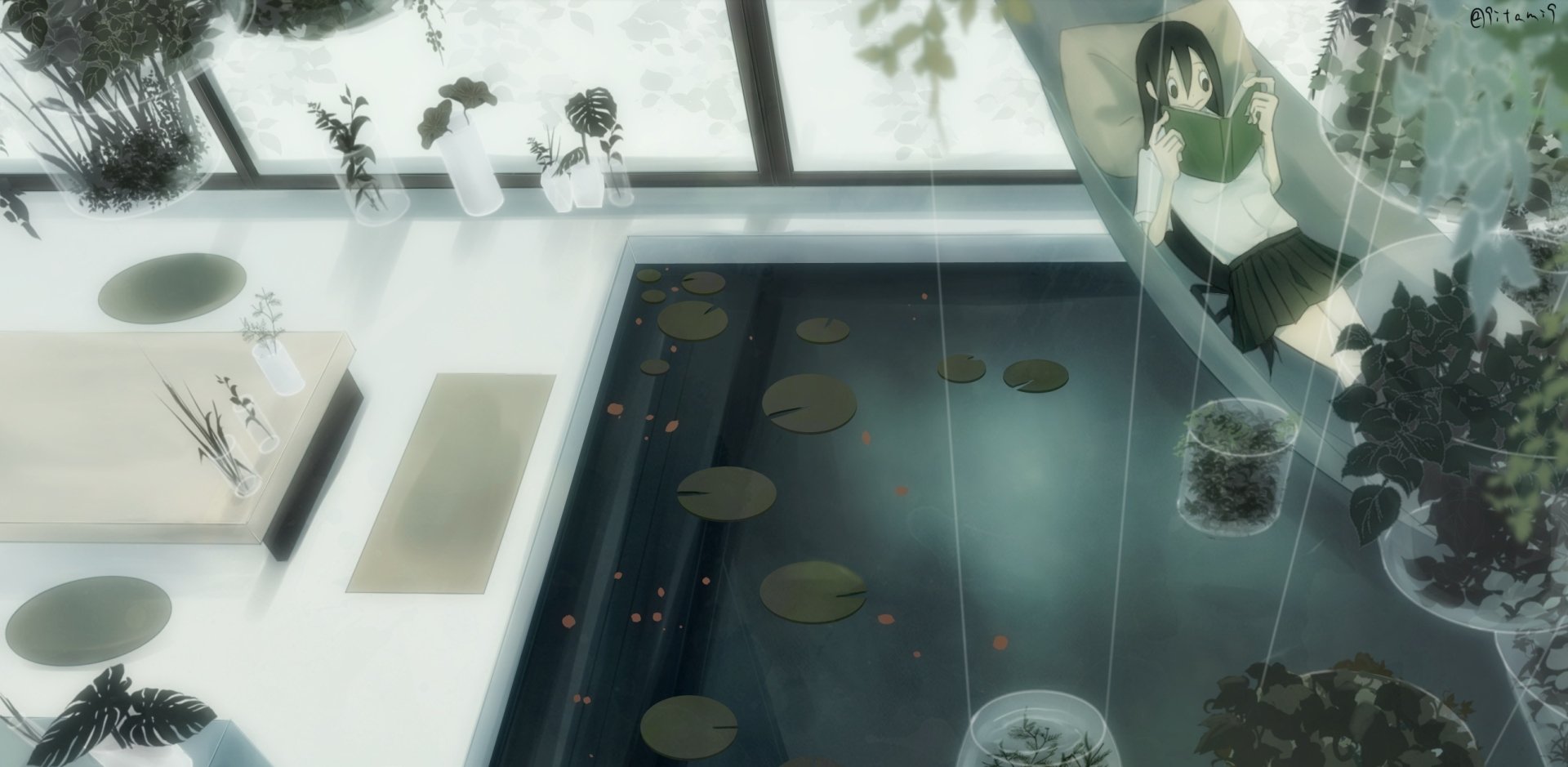 HD desktop wallpaper featuring Tsuyu Asui from My Hero Academia, depicted relaxing by a serene indoor pond with lily pads and soft natural lighting.
