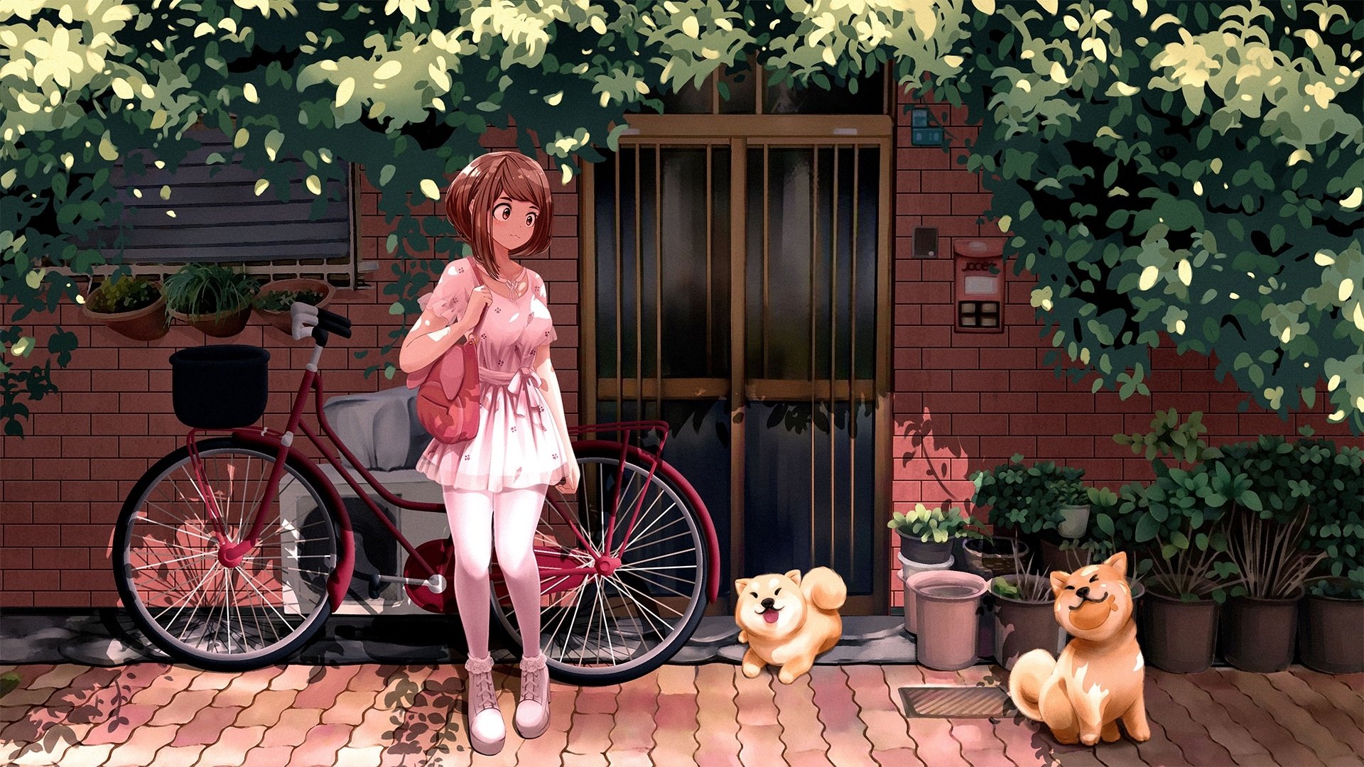 Ochaco Uraraka from My Hero Academia stands by a bicycle in a tranquil outdoor setting, with two cute dogs nearby, against a leafy backdrop. HD desktop wallpaper and background.