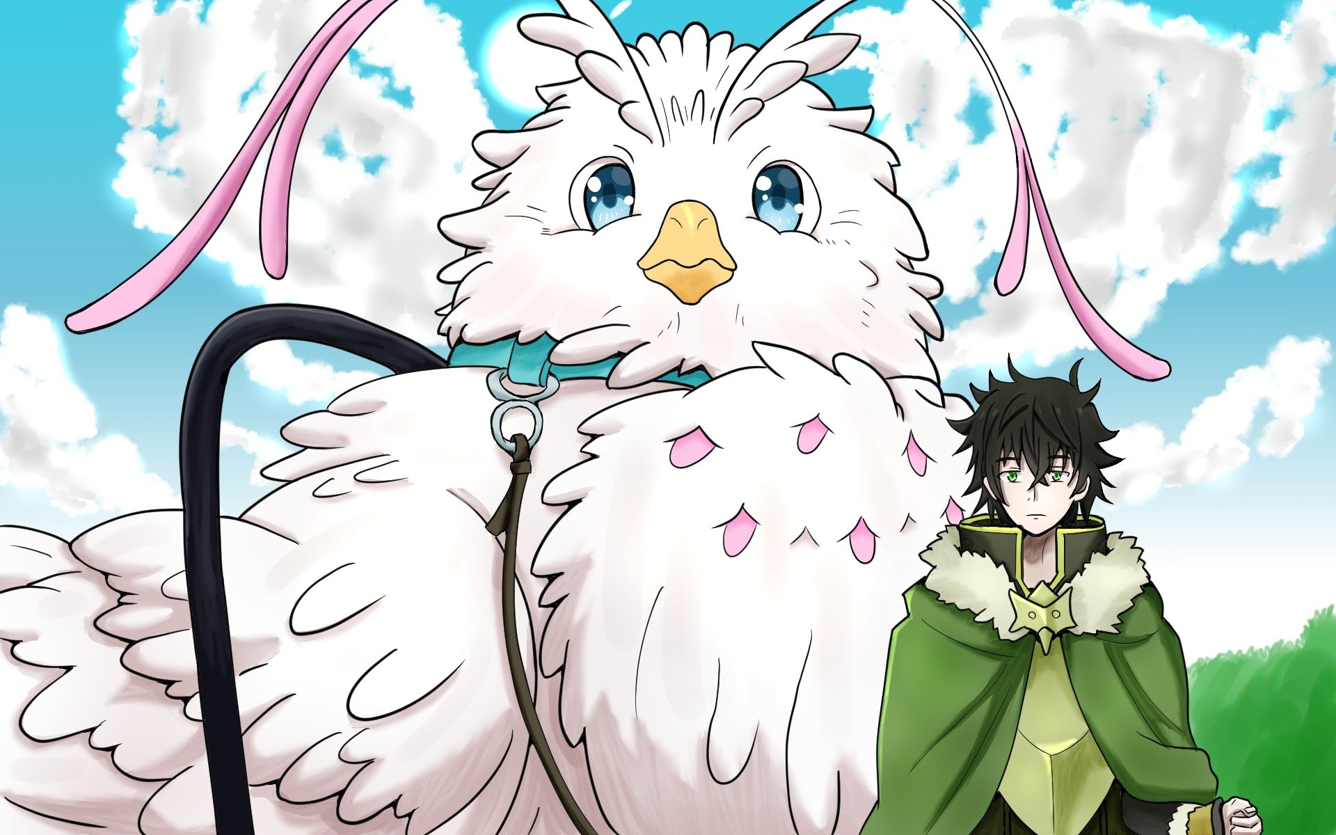HD wallpaper: Filo in her giant white bird form with Naofumi Iwatani from The Rising of the Shield Hero, standing together under a bright blue sky.
