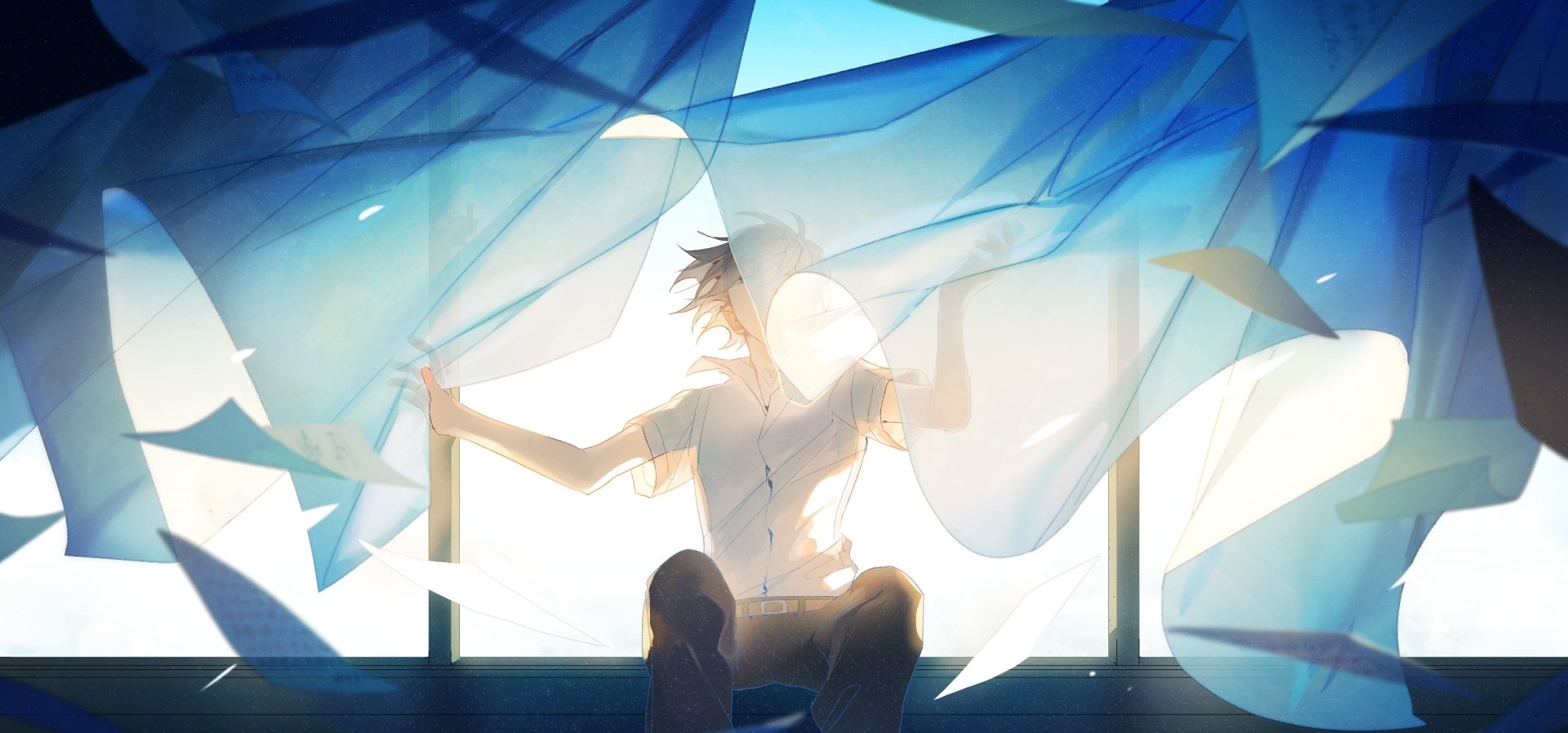 HD anime-style original artwork featuring a person framed by flowing translucent blue fabric, illuminated by bright window light, designed as a PC desktop wallpaper.