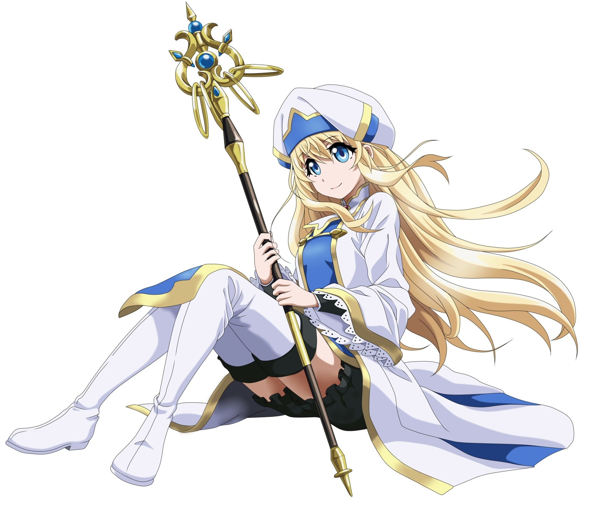 HD desktop wallpaper of Priestess from Goblin Slayer anime, featuring her with long blonde hair, blue eyes, and white and blue priestess attire holding a staff.