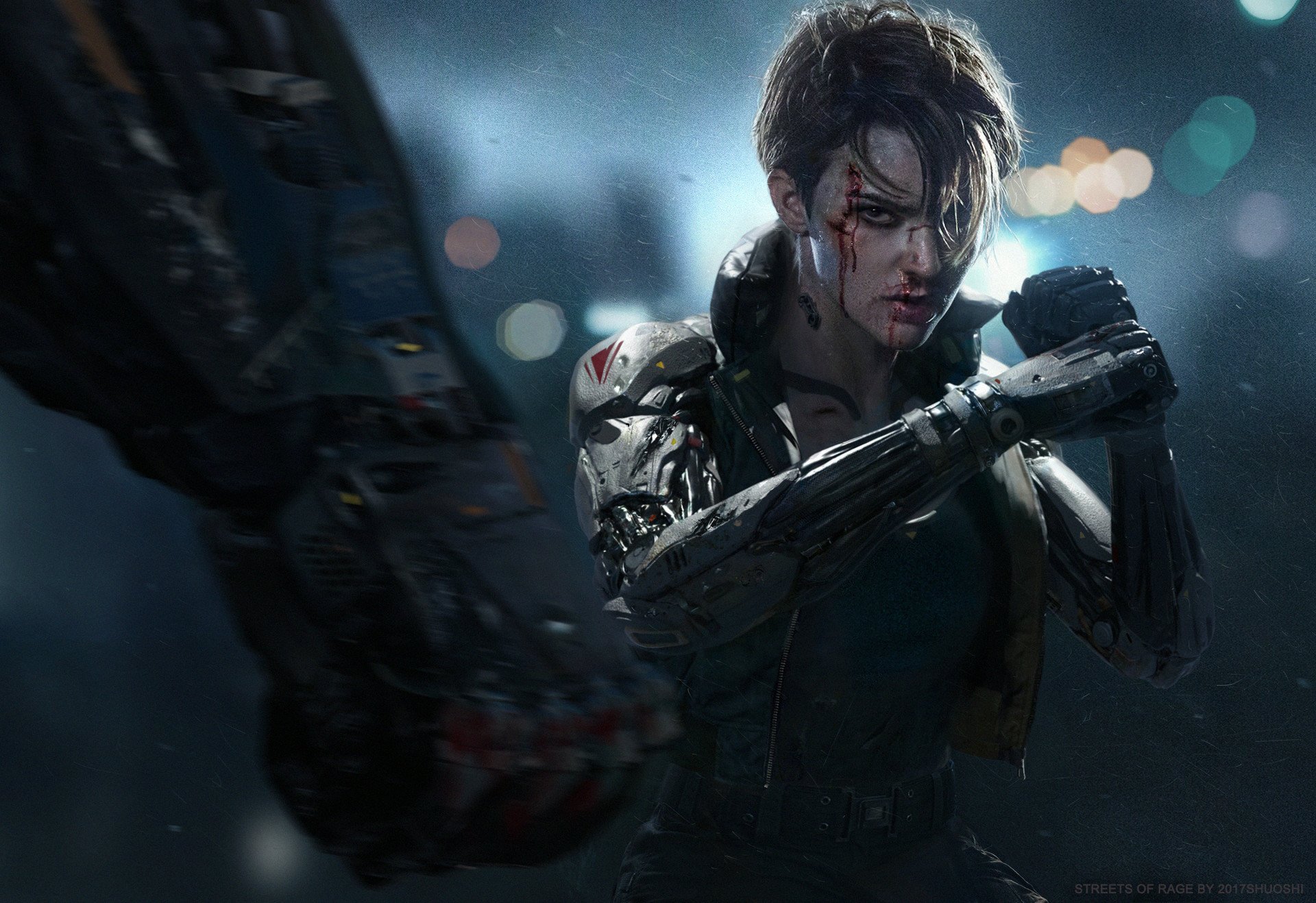 HD cyberpunk sci-fi desktop wallpaper featuring a fierce female cyborg with a mechanical arm in a dark, futuristic urban setting.