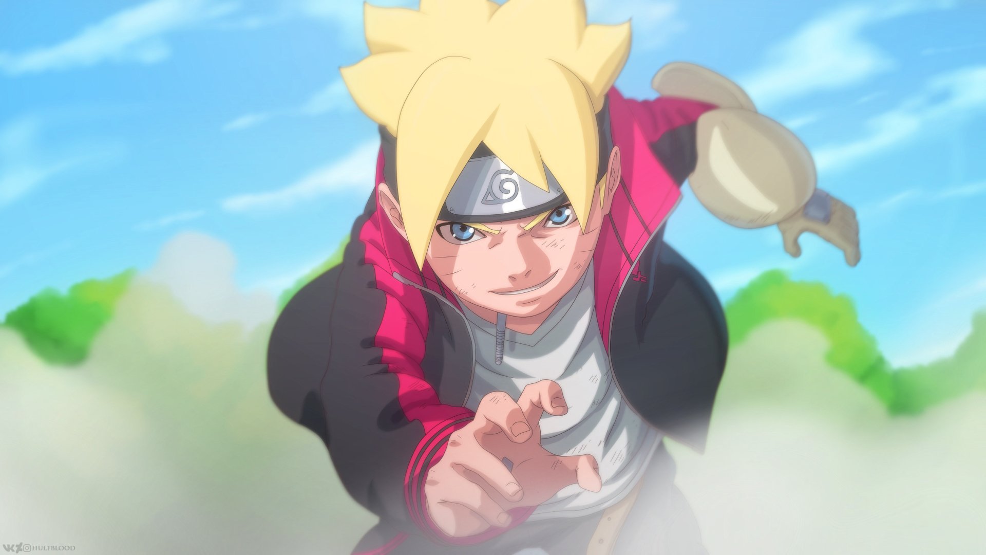 Boruto Uzumaki (Boruto anime) lunging forward through dust with a determined look, vibrant sky and greenery — 2K Quad HD PC desktop wallpaper/background.