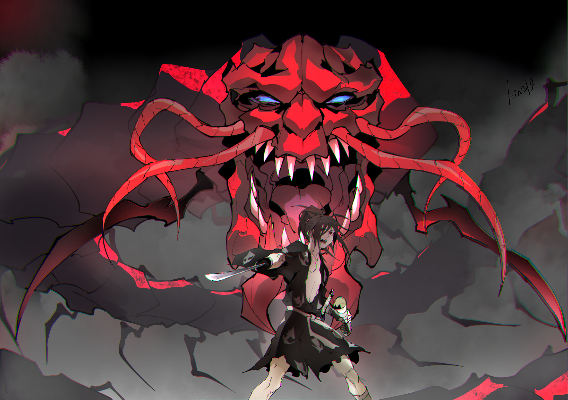 HD PC wallpaper featuring Hyakkimaru and Dororo from the anime, with a dramatic red demon looming behind them in a dark, smoky background.