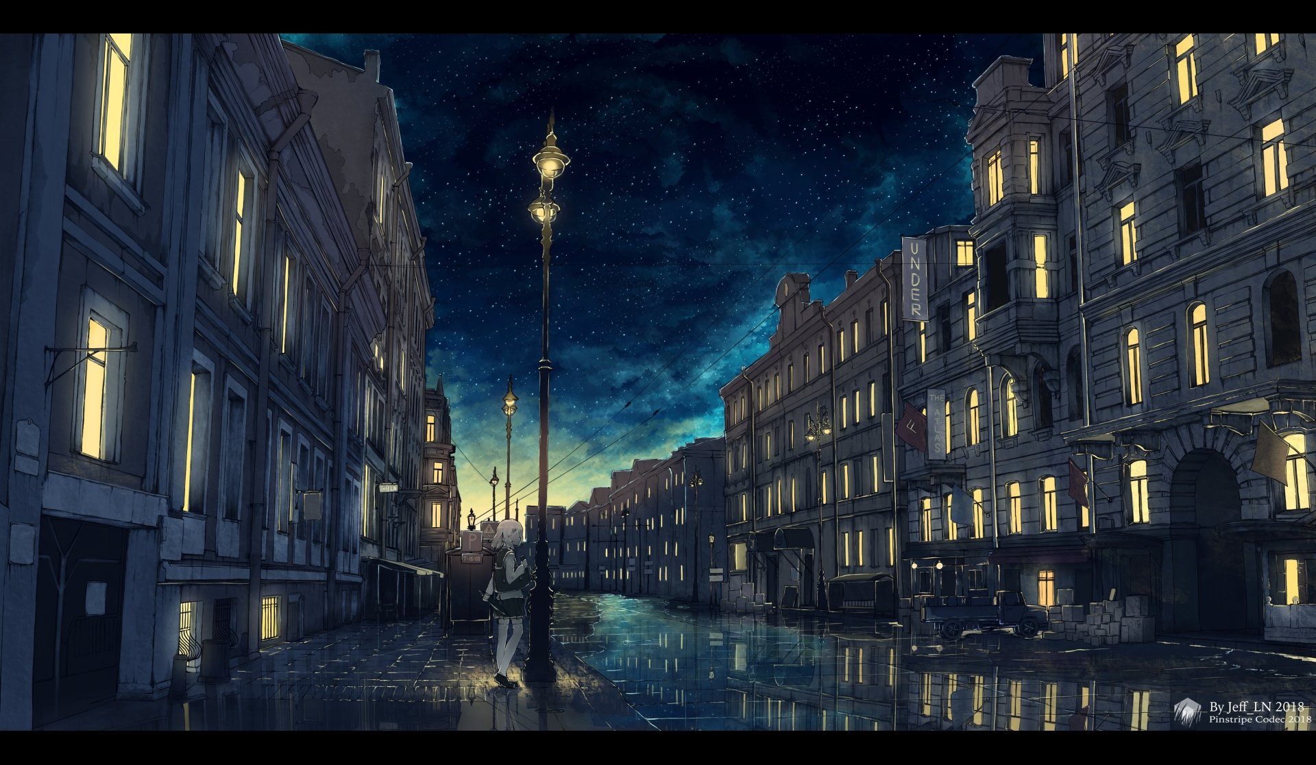 HD anime cityscape at night featuring gothic architecture, illuminated streetlights, and a starry sky. The buildings' windows glow brightly, creating a serene yet mysterious atmosphere.