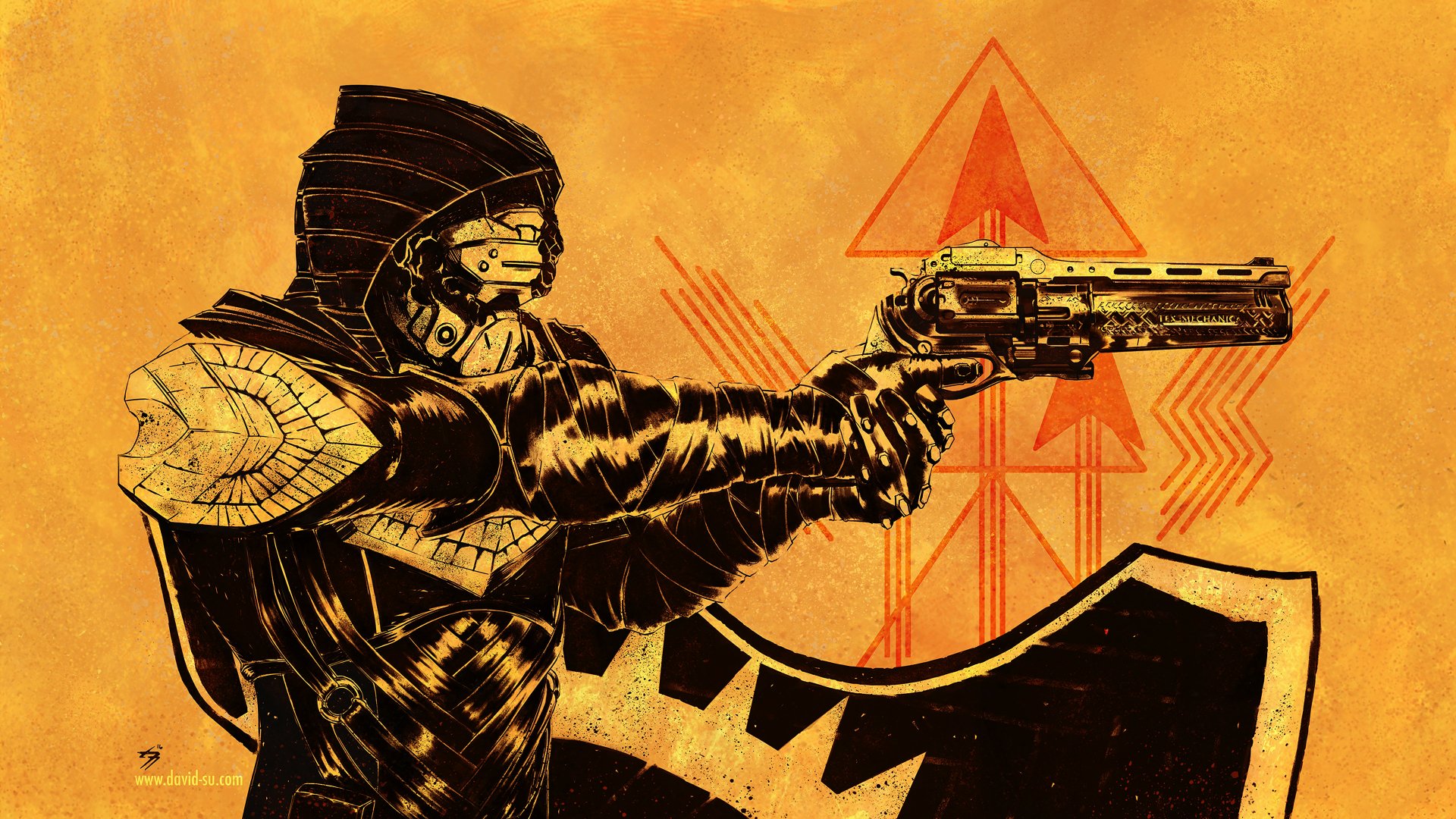 Destiny 2 video game 4K Ultra HD PC desktop wallpaper and background — stylized Guardian in helmet and cloak fires a hand cannon against an orange backdrop with geometric symbols.