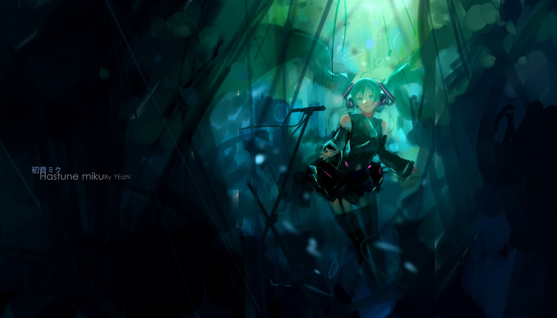 4K Ultra HD anime wallpaper featuring Hatsune Miku from Vocaloid, depicted in a dark, ethereal forest with glowing blue-green lighting and dynamic shadows.