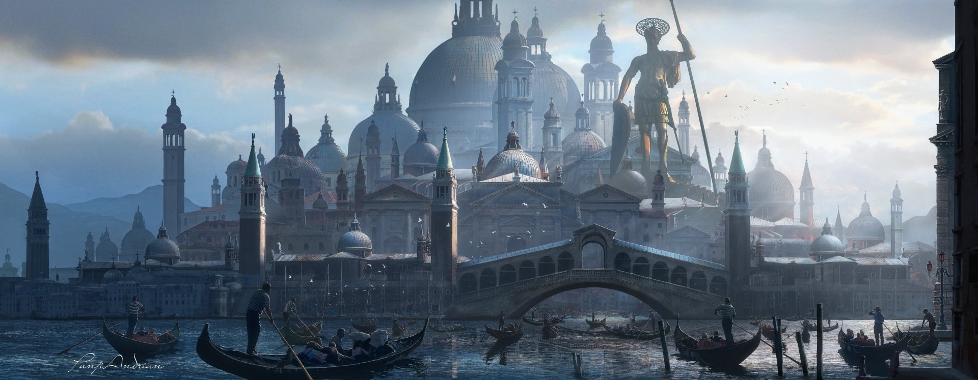 HD PC desktop wallpaper featuring a fantasy cityscape with domed buildings, a large statue, gondolas on the water, and a serene, misty atmosphere.