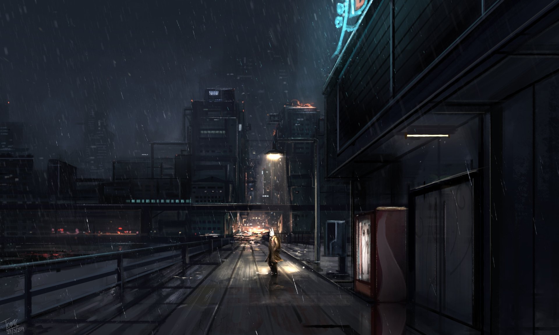 A dark, rainy sci-fi cityscape at night with futuristic buildings and neon lights, captured in 4K Ultra HD for a striking PC desktop wallpaper.