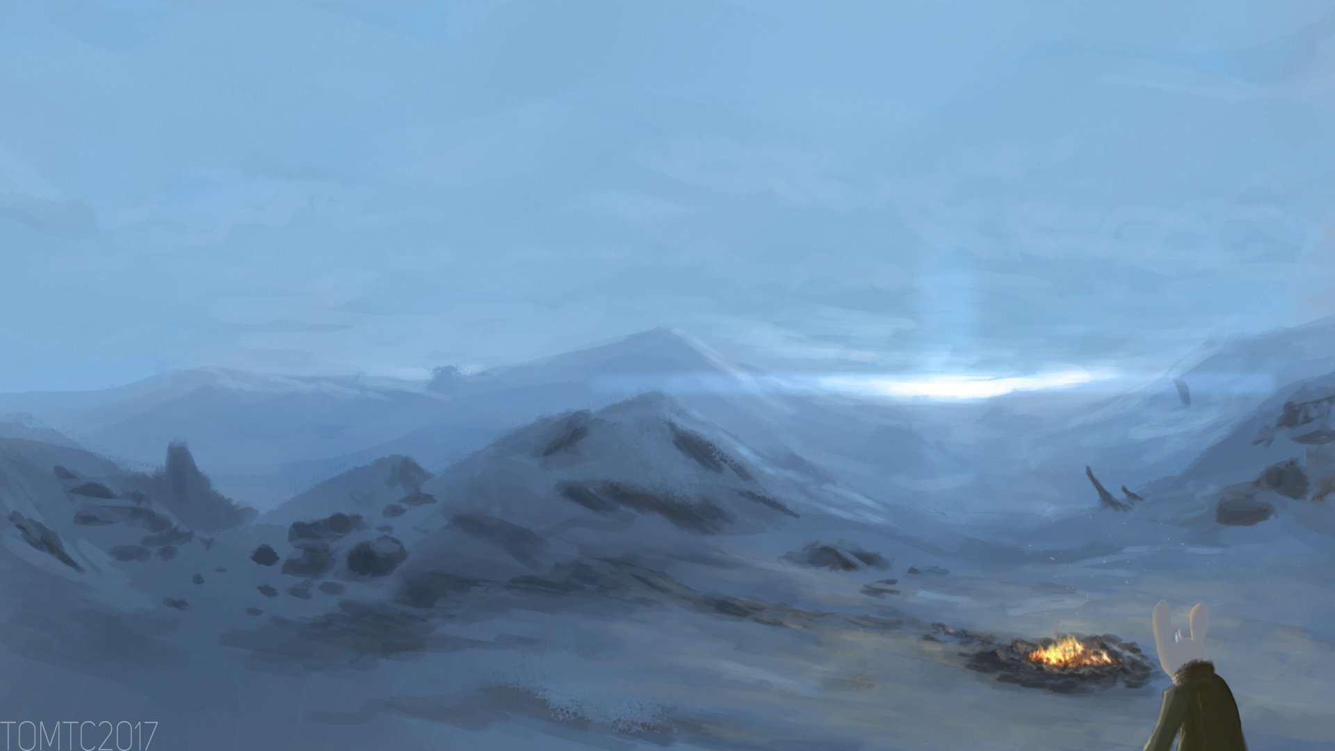 HD fantasy winter landscape wallpaper depicting snowy mountains under a pale blue sky with a glowing campfire in the foreground.