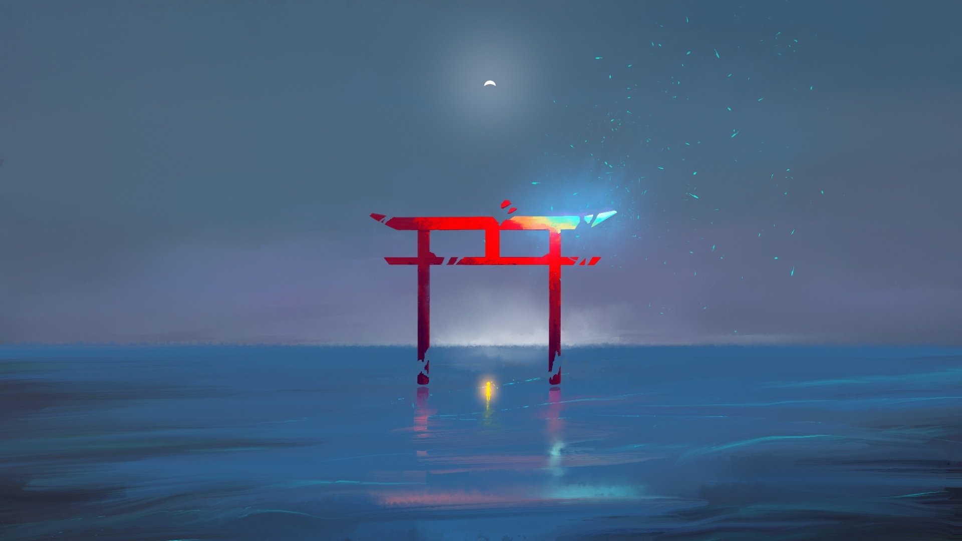 HD anime desktop wallpaper featuring a glowing red shrine gate standing in serene water under a misty night sky with a full moon.