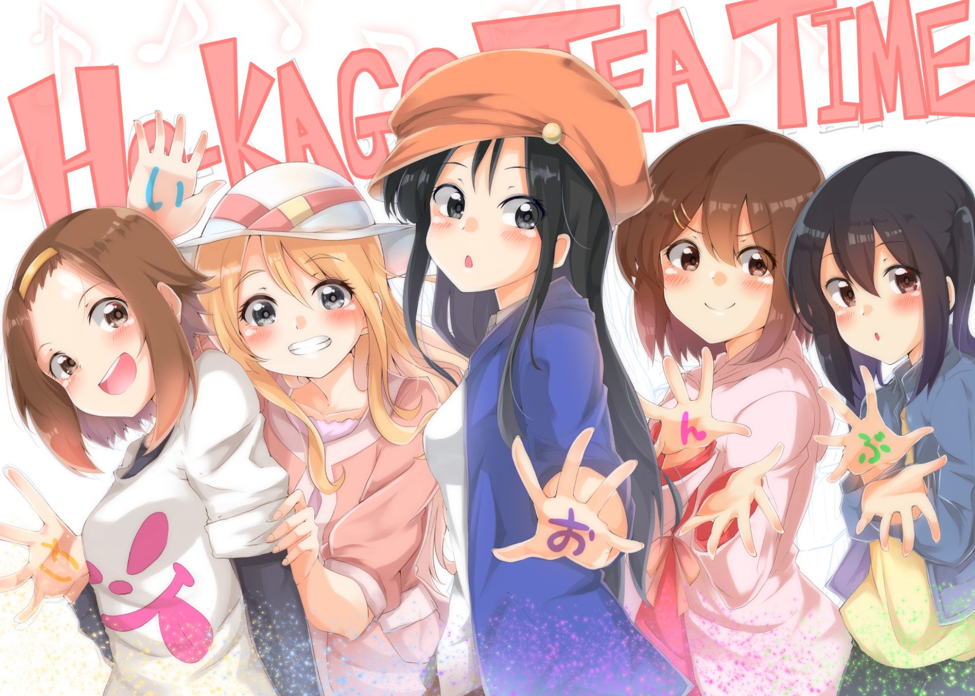 HD anime desktop wallpaper featuring Azusa Nakano, Yui Hirasawa, Mio Akiyama, Tsumugi Kotobuki, and Ritsu Tainaka from K-ON! in vibrant, casual outfits.