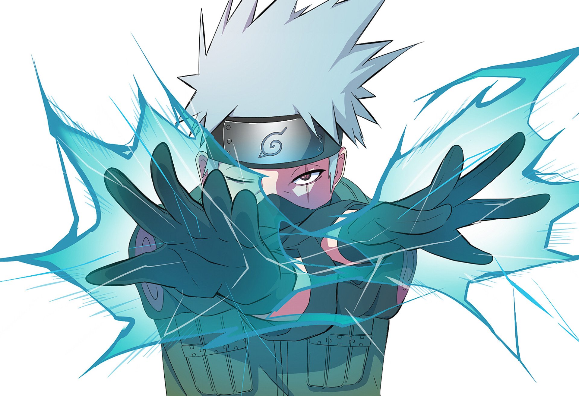 HD anime desktop wallpaper featuring Kakashi Hatake from Naruto unleashing a powerful lightning-based jutsu with intense blue energy effects.