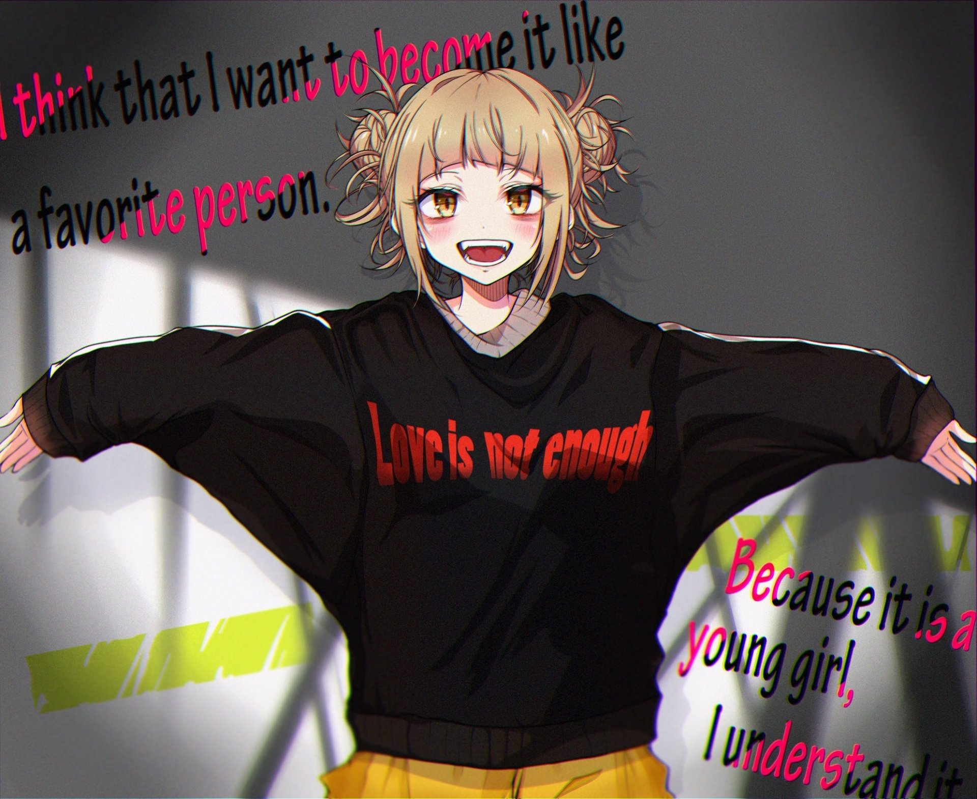Himiko Toga from My Hero Academia in a HD anime desktop wallpaper, wearing a black sweatshirt with red text, smiling with arms outstretched against a blurred background.