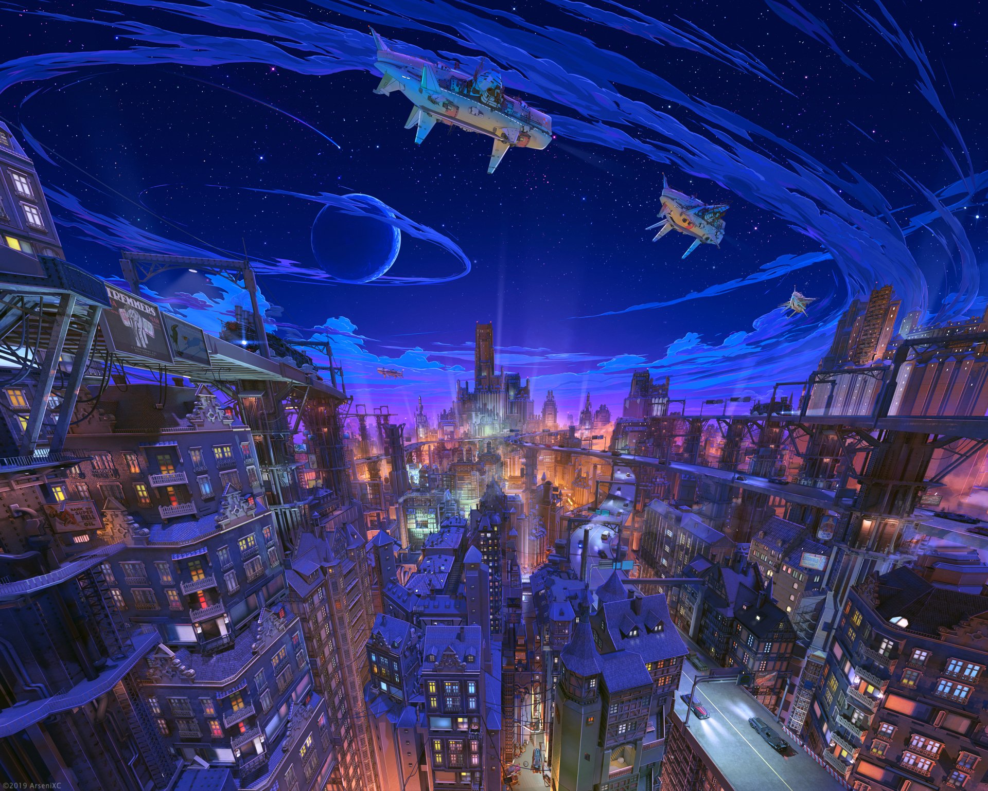 HD desktop wallpaper showcasing an anime-style cityscape at night, illuminated by vibrant lights. The sky features stars and a glowing moon, with airships floating above the city.