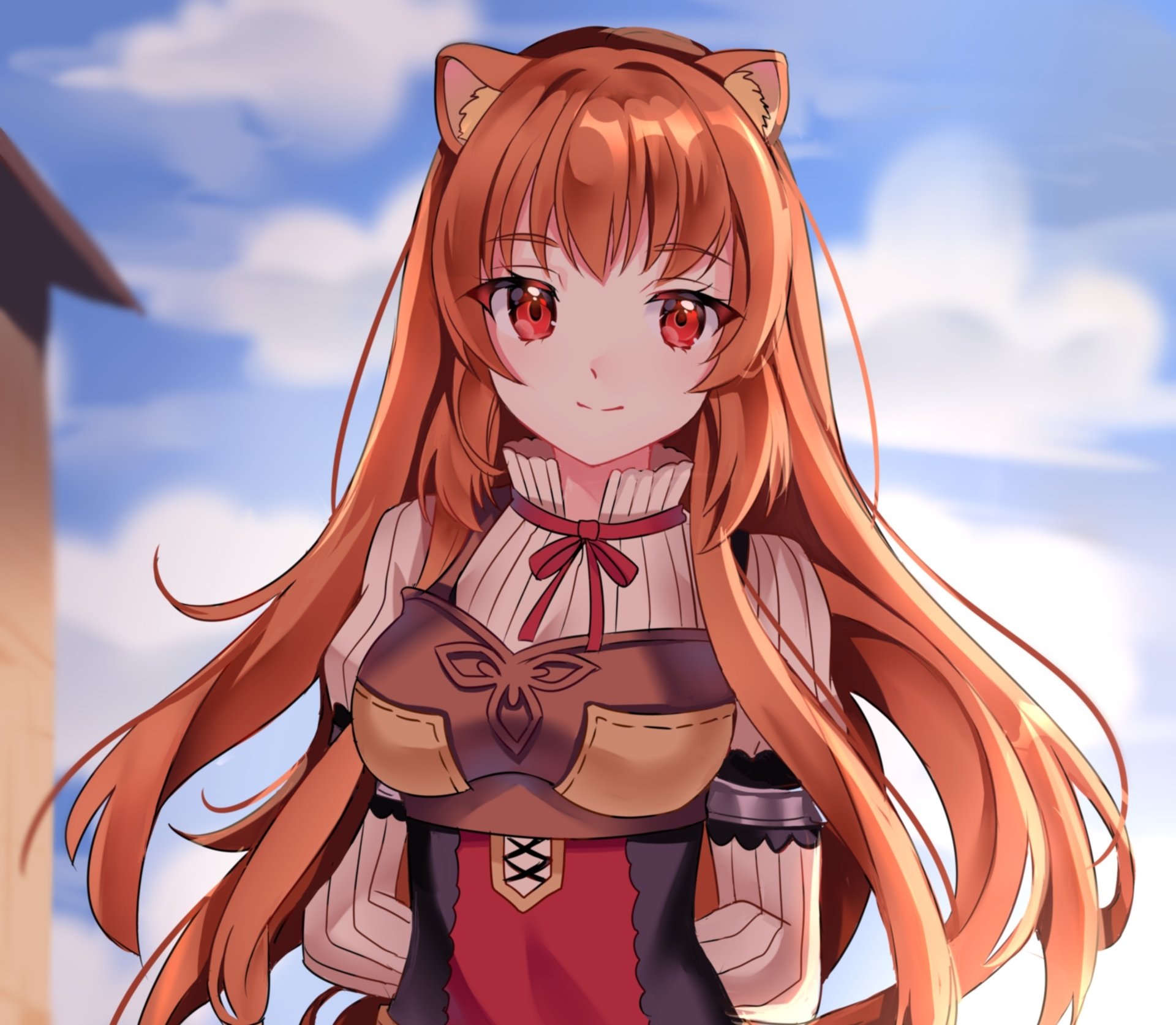 HD desktop wallpaper featuring Raphtalia from The Rising of the Shield Hero with red eyes and brown hair, set against a clear blue sky background.