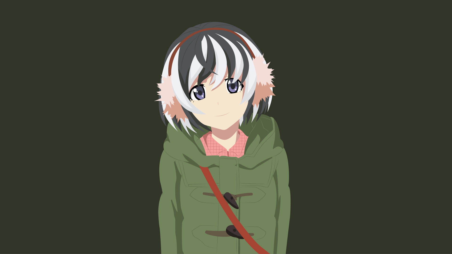 Tsubasa Hanekawa from the Monogatari series in earmuffs and a green coat on a dark background — 8K Ultra HD anime PC desktop wallpaper/background.