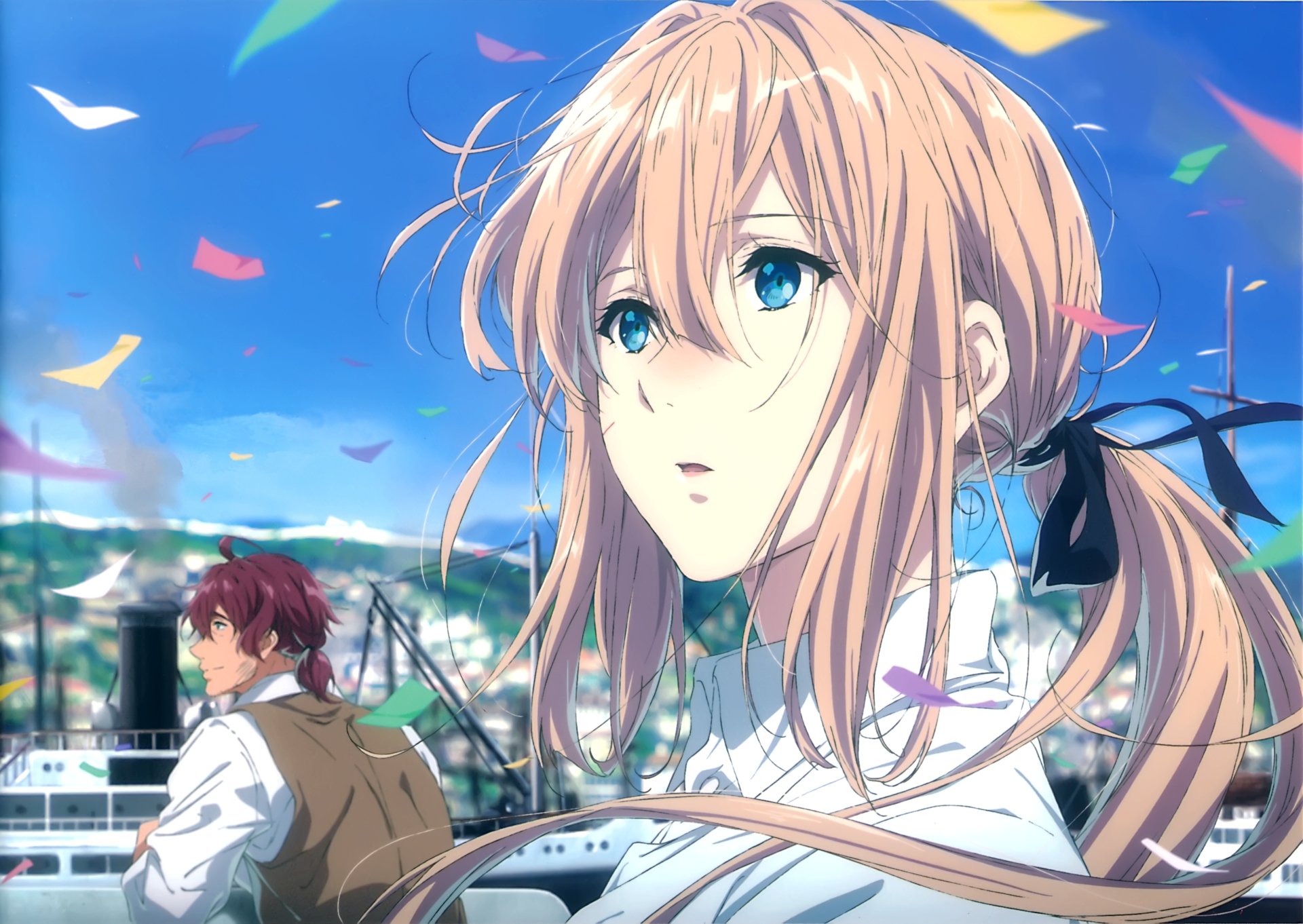 Violet Evergarden anime character in a detailed 4K Ultra HD desktop wallpaper, featuring vibrant colors and expressive background elements.