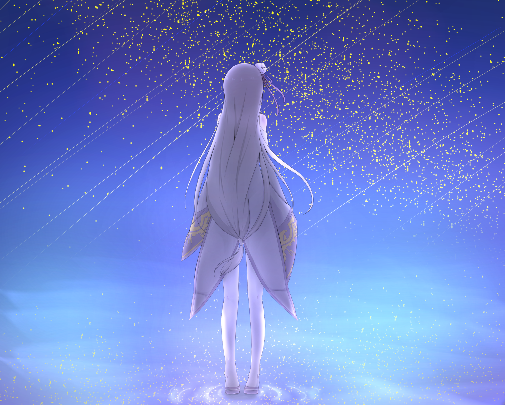 HD PC desktop wallpaper featuring Emilia from the anime Re:Zero - Starting Life in Another World, standing against a starry, glowing blue background.