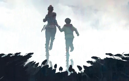 HD wallpaper featuring Amicia and Hugo de Rune from A Plague Tale: Innocence, silhouetted against a moody sky, surrounded by rats.