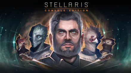 A stunning HD desktop wallpaper featuring characters from Stellaris: Console Edition, showcasing a mix of human and alien figures set against a cosmic background.