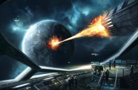 Stellaris-themed HD desktop wallpaper with a spaceship attacking a planet, viewed from a space station's deck.