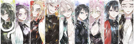 HD PC desktop wallpaper featuring five characters from the anime Demon Slayer: Kimetsu no Yaiba, each portrayed in vibrant, detailed anime art style.