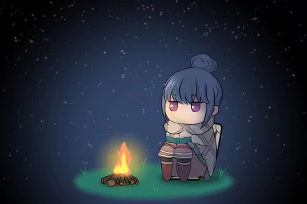 Chibi-style Rin Shima from Laid-Back Camp sits by a campfire under a starry night sky in this HD anime desktop wallpaper.