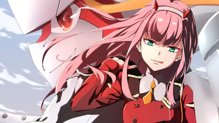 Anime wallpaper featuring Zero Two with pink hair and green eyes alongside the mech Strelizia with orange eyes from Darling in the FranXX in 4K Ultra HD.