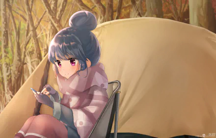 HD anime desktop wallpaper featuring Rin Shima from Laid-Back Camp, sitting outdoors in front of a tent surrounded by autumn foliage.